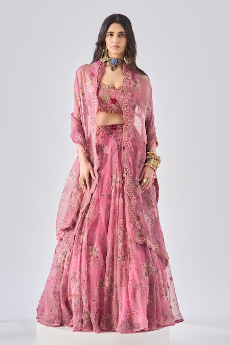 Ridhima Bhasin Pink Organza, Crepe Embroidery Round Neck Designer Rahi Lehenga Set 