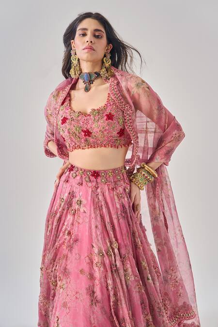 Shop Ridhima Bhasin Pink Organza, Crepe Embroidery Round Neck Designer Rahi Lehenga Set Online at Aza Fashions Shop_Ridhima Bhasin_Pink Organza, Crepe Embroidery Round Neck Designer Rahi Lehenga Set _Online_at_Aza_Fashions