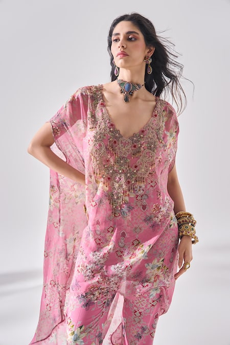 Buy_Ridhima Bhasin_Pink Georgette, Rayon Embroidery Round Neck, Floral Kurta Set _Online_at_Aza_Fashions