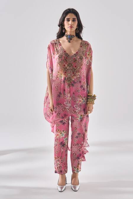 Shop_Ridhima Bhasin_Pink Georgette, Rayon Embroidery Round Neck, Floral Kurta Set _Online_at_Aza_Fashions
