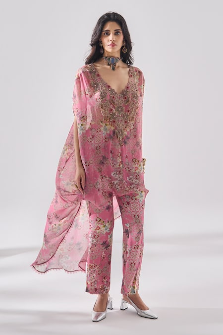 Ridhima Bhasin_Pink Georgette, Rayon Embroidery Round Neck, Floral Kurta Set _at_Aza_Fashions