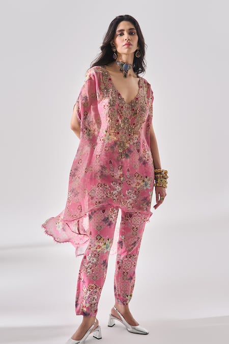 Shop_Ridhima Bhasin_Pink Georgette, Rayon Embroidery Round Neck, Floral Kurta Set 