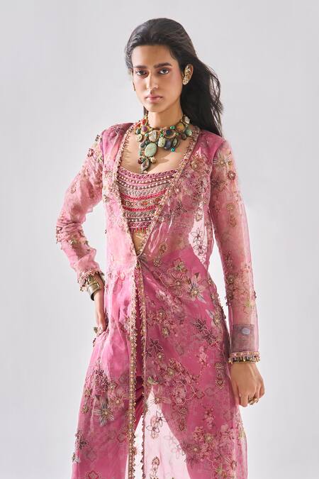 Ridhima Bhasin Pink Organza, Crepe Embroidery, Beads V-, Round Jacket Set Online at Aza Fashions Ridhima Bhasin_Pink Organza, Crepe Embroidery, Beads V-, Round Jacket Set _Online_at_Aza_Fashions