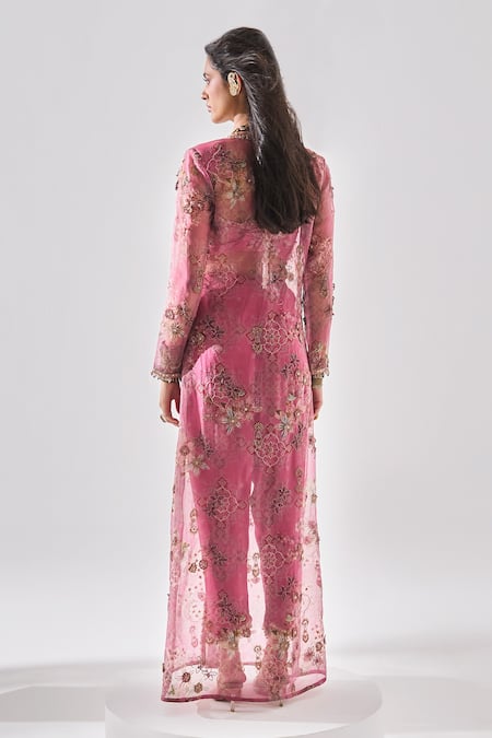 Shop Ridhima Bhasin Pink Organza, Crepe Embroidery, Beads V-, Round Jacket Set at Aza Fashions Shop_Ridhima Bhasin_Pink Organza, Crepe Embroidery, Beads V-, Round Jacket Set _at_Aza_Fashions