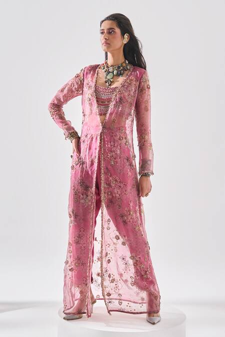 Buy Ridhima Bhasin Pink Organza, Crepe Embroidery, Beads V-, Round Jacket Set Online at Aza Fashions Buy_Ridhima Bhasin_Pink Organza, Crepe Embroidery, Beads V-, Round Jacket Set _Online_at_Aza_Fashions