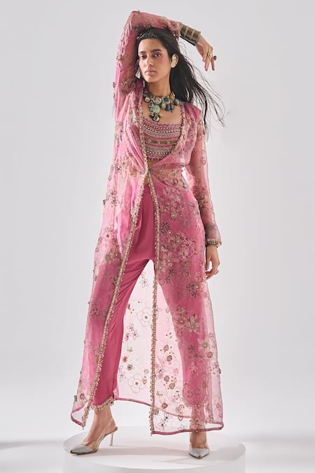 Ridhima Bhasin Pink Organza, Crepe Embroidery, Beads V-, Round Jacket Set 