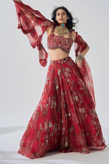 Buy Ridhima Bhasin Red Organza, Crepe Embroidery, Sequins Round Neck Chhavi Designer Lehenga Set Online at Aza Fashions Buy_Ridhima Bhasin_Red Organza, Crepe Embroidery, Sequins Round Neck Chhavi Designer Lehenga Set _Online_at_Aza_Fashions