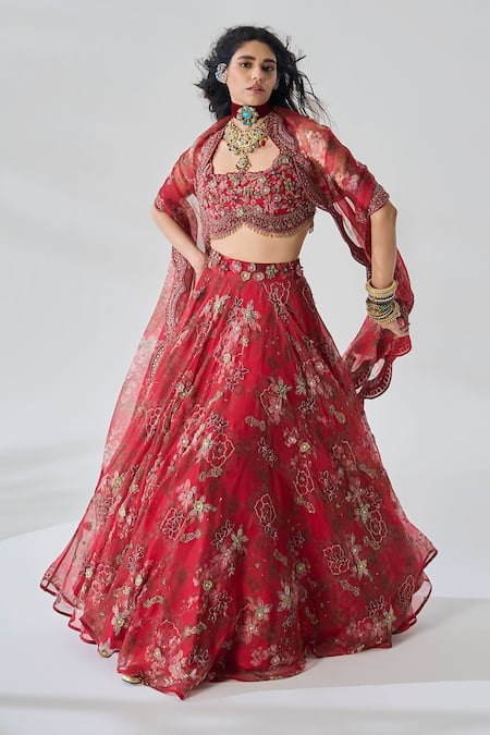 Shop Ridhima Bhasin Red Organza, Crepe Embroidery, Sequins Round Neck Chhavi Designer Lehenga Set at Aza Fashions Shop_Ridhima Bhasin_Red Organza, Crepe Embroidery, Sequins Round Neck Chhavi Designer Lehenga Set _at_Aza_Fashions