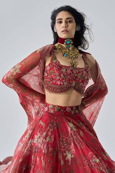 Shop Ridhima Bhasin Red Organza, Crepe Embroidery, Sequins Round Neck Chhavi Designer Lehenga Set Online at Aza Fashions Shop_Ridhima Bhasin_Red Organza, Crepe Embroidery, Sequins Round Neck Chhavi Designer Lehenga Set _Online_at_Aza_Fashions