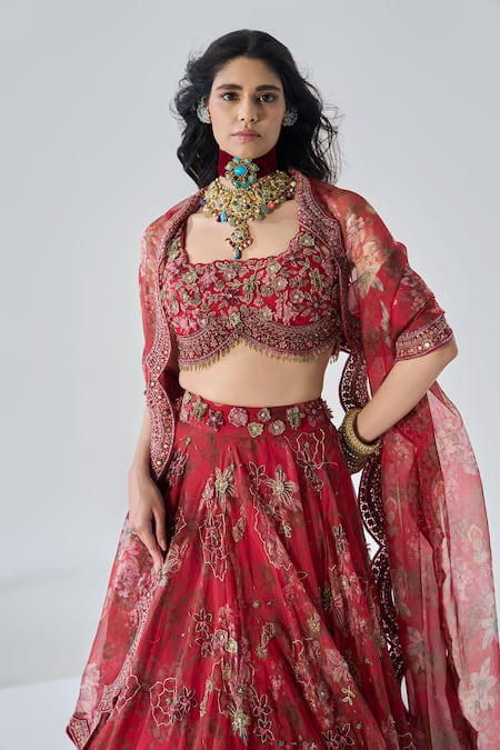 Ridhima Bhasin Red Organza, Crepe Embroidery, Sequins Round Neck Chhavi Designer Lehenga Set at Aza Fashions Ridhima Bhasin_Red Organza, Crepe Embroidery, Sequins Round Neck Chhavi Designer Lehenga Set _at_Aza_Fashions
