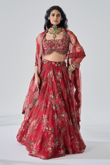 Ridhima Bhasin Red Organza, Crepe Embroidery, Sequins Round Neck Chhavi Designer Lehenga Set 