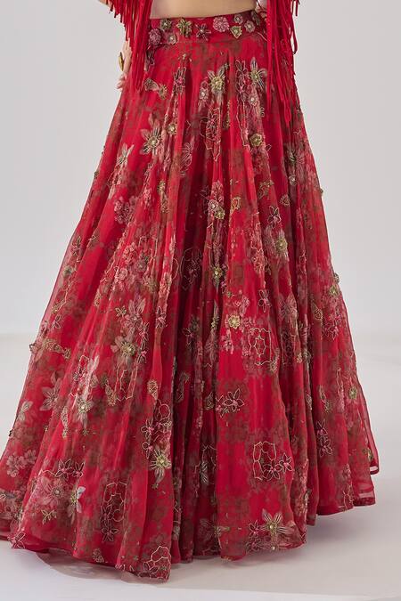 Buy_Ridhima Bhasin_Red Organza, Crepe Embroidery, Fringe Round Neck And Lehenga Set _Online_at_Aza_Fashions