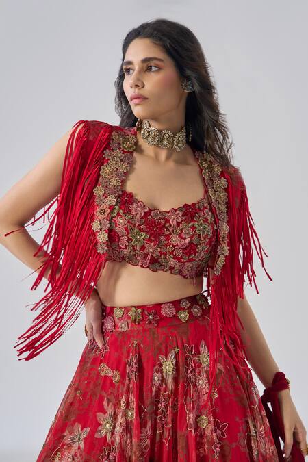 Shop_Ridhima Bhasin_Red Organza, Crepe Embroidery, Fringe Round Neck And Lehenga Set _Online_at_Aza_Fashions