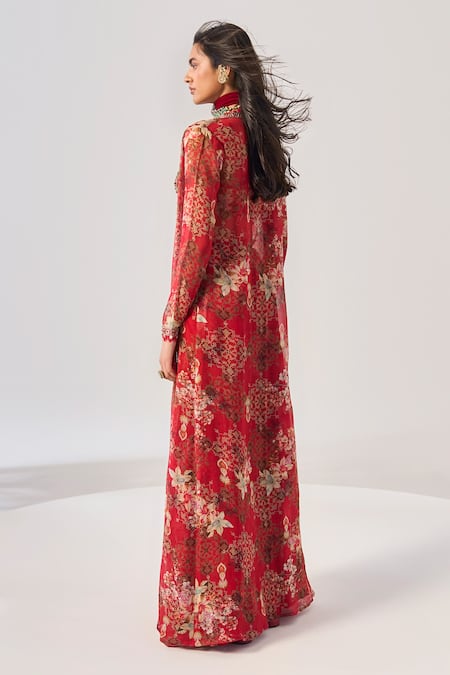 Ridhima Bhasin Red Floral Chiffon Jacket Set