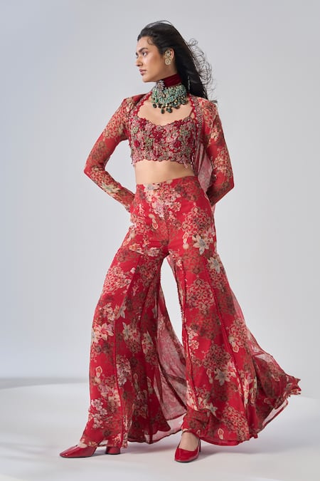 Ridhima Bhasin Red Chiffon, Organza Embroidery, Sequins, Beads Open Neck, Floral Jacket Set 