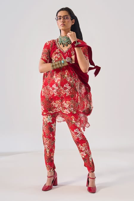 Ridhima Bhasin Red Georgette, Rayon Embroidery Round Neck Floral High Low Oorja Kurta Set 