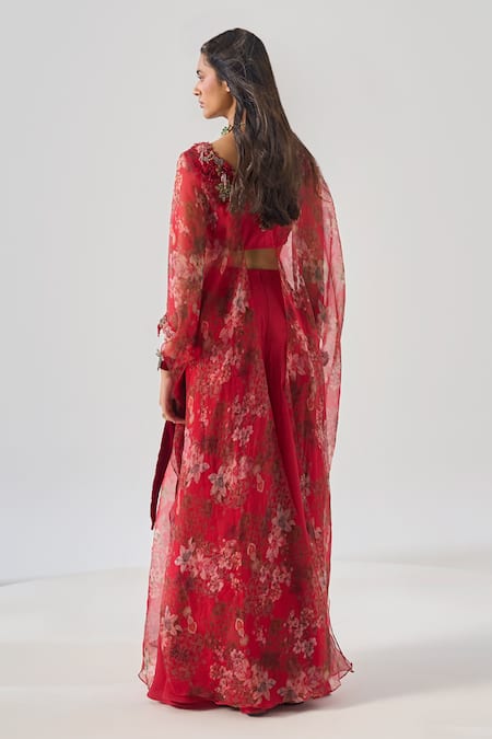 Shop Ridhima Bhasin Red Organza, Silk Embroidery Round Neck Floral Kurta Set at Aza Fashions Shop_Ridhima Bhasin_Red Organza, Silk Embroidery Round Neck Floral Kurta Set _at_Aza_Fashions