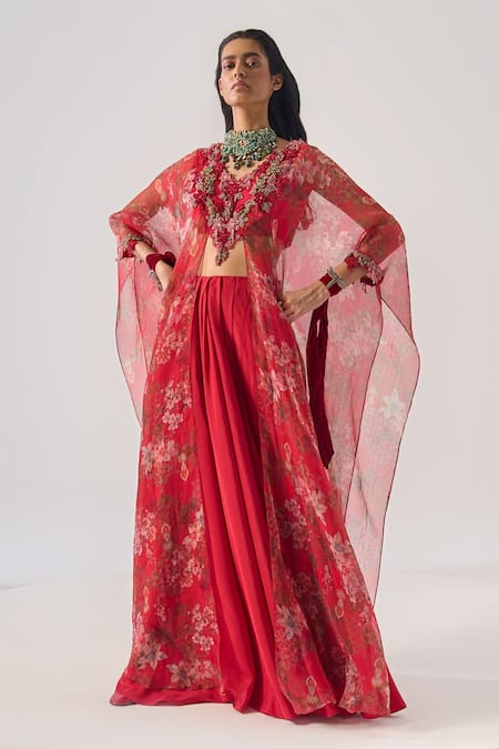 Ridhima Bhasin Red Organza, Silk Embroidery Round Neck Floral Kurta Set 