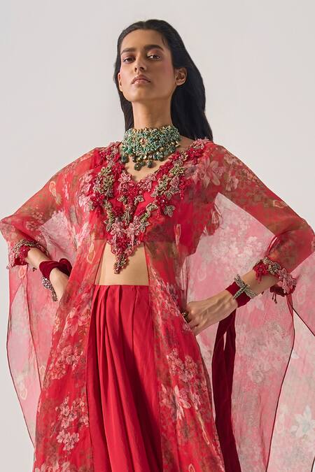 Ridhima Bhasin Red Organza, Silk Embroidery Round Neck Floral Kurta Set Online at Aza Fashions Ridhima Bhasin_Red Organza, Silk Embroidery Round Neck Floral Kurta Set _Online_at_Aza_Fashions