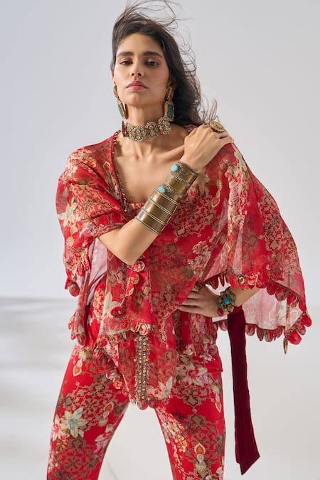 Ridhima Bhasin_Red Chiffon, Rayon Beads, Embroidery, Pom-poms Round Floral Akira Coord Set _Online_at_Aza_Fashions