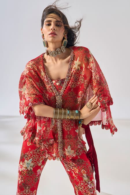 Buy_Ridhima Bhasin_Red Chiffon, Rayon Beads, Embroidery, Pom-poms Round Floral Akira Coord Set _Online_at_Aza_Fashions