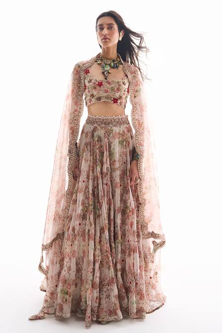 Buy_Ridhima Bhasin_White Organza, Crepe Embroidery Round Neck Floral Warda Lehenga Set _Online_at_Aza_Fashions