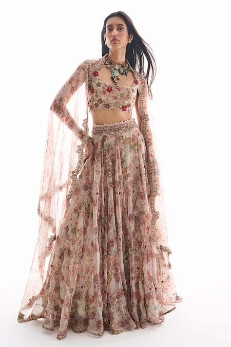 Ridhima Bhasin White Organza, Crepe Embroidery Round Neck Floral Warda Lehenga Set 