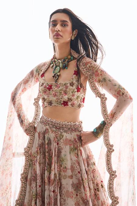 Shop_Ridhima Bhasin_White Organza, Crepe Embroidery Round Neck Floral Warda Lehenga Set _Online_at_Aza_Fashions