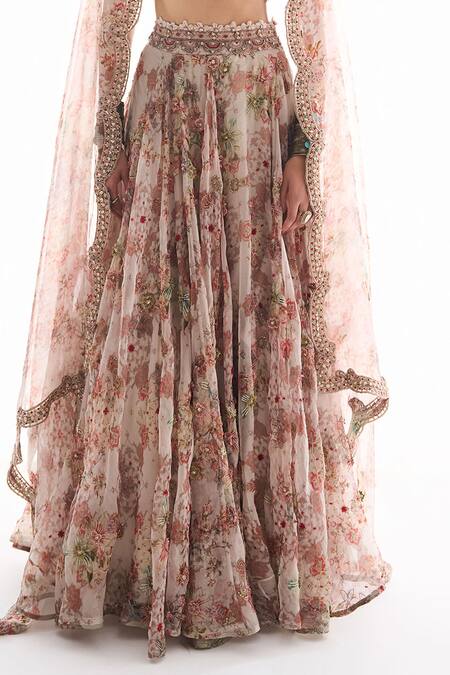 Ridhima Bhasin_White Organza, Crepe Embroidery Round Neck Floral Warda Lehenga Set _at_Aza_Fashions