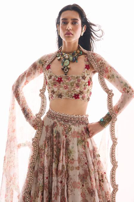 Buy_Ridhima Bhasin_White Organza, Crepe Embroidery Round Neck Floral Warda Lehenga Set 