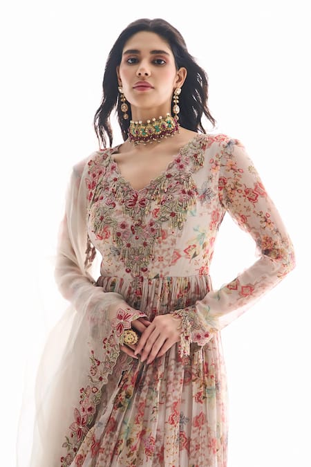 Buy_Ridhima Bhasin_Off White Chiffon, Organza Embroidery V-neck Designer Aksah Anarkali Set _Online_at_Aza_Fashions