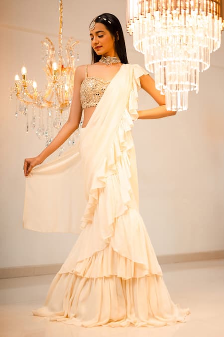 Foram Patel Cream Georgette Embroidery, Mirrors, Cut Pre-draped Ruffle Saree With Blouse 