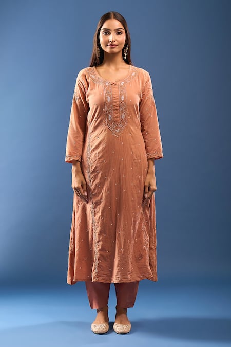 Shop_Samyukta Singhania_Peach Chanderi Cotton Embroidery, Cut Work Round Neck Kurta Set _Online_at_Aza_Fashions