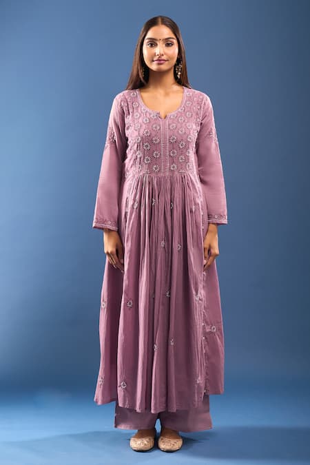 Buy_Samyukta Singhania_Purple Chanderi Cotton Embroidery Round Neck Chikankari Work Kurta Set _Online_at_Aza_Fashions