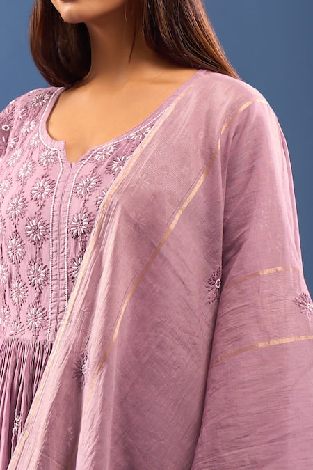 Shop_Samyukta Singhania_Purple Chanderi Cotton Embroidery Round Neck Chikankari Work Kurta Set _Online_at_Aza_Fashions
