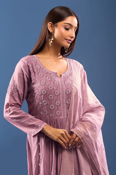 Samyukta Singhania_Purple Chanderi Cotton Embroidery Round Neck Chikankari Work Kurta Set _at_Aza_Fashions