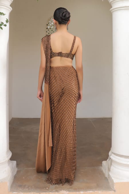 Label Astha Chhabra Brown Embroidered Pre-Draped Saree Set 