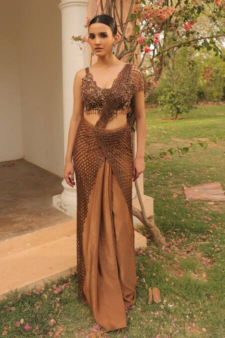 Label Astha Chhabra_Brown Net Beads Asymmetric Embroidered Pre-draped Saree Set _at_Aza_Fashions