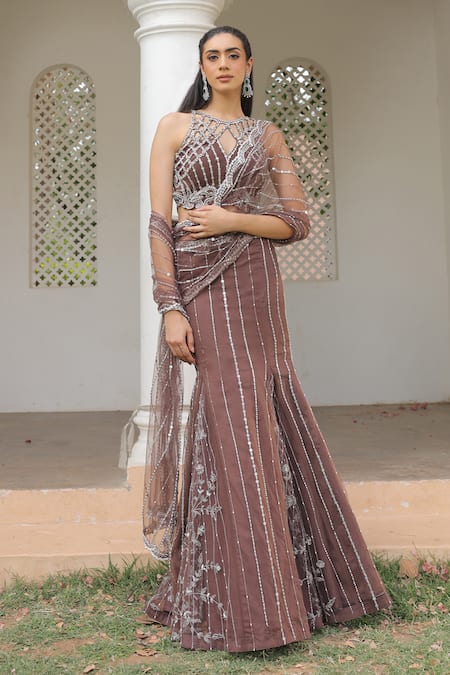 Label Astha Chhabra Brown Net Sequins, Beads Designer Pre-draped Saree And Blouse Set 