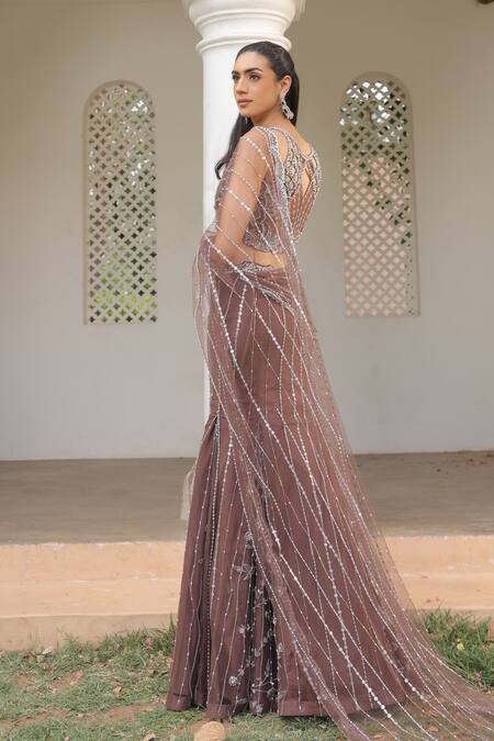 Label Astha Chhabra_Brown Net Sequins, Beads Designer Pre-draped Saree And Blouse Set _Online_at_Aza_Fashions