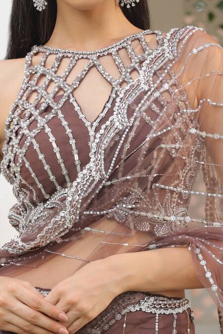 Buy_Label Astha Chhabra_Brown Net Sequins, Beads Designer Pre-draped Saree And Blouse Set _Online_at_Aza_Fashions