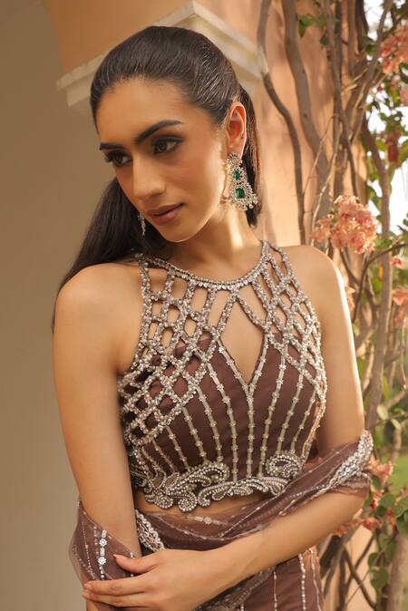 Label Astha Chhabra_Brown Net Sequins, Beads Designer Pre-draped Saree And Blouse Set _at_Aza_Fashions