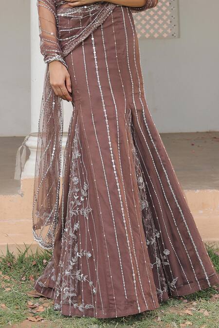 Buy_Label Astha Chhabra_Brown Net Sequins, Beads Designer Pre-draped Saree And Blouse Set 