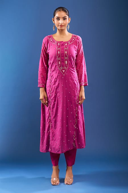 Samyukta Singhania_Purple Chanderi Cotton Embroidery, Cut Work Round Neck Chikankari Kurta Set _at_Aza_Fashions