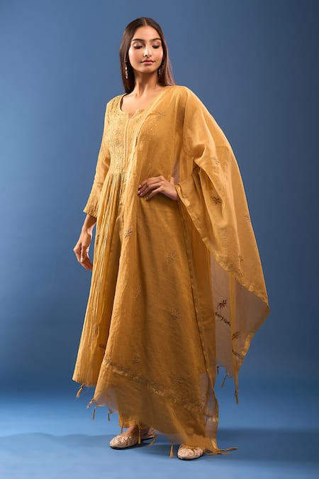 Samyukta Singhania Chanderi Cotton Mustard Kurta Set 