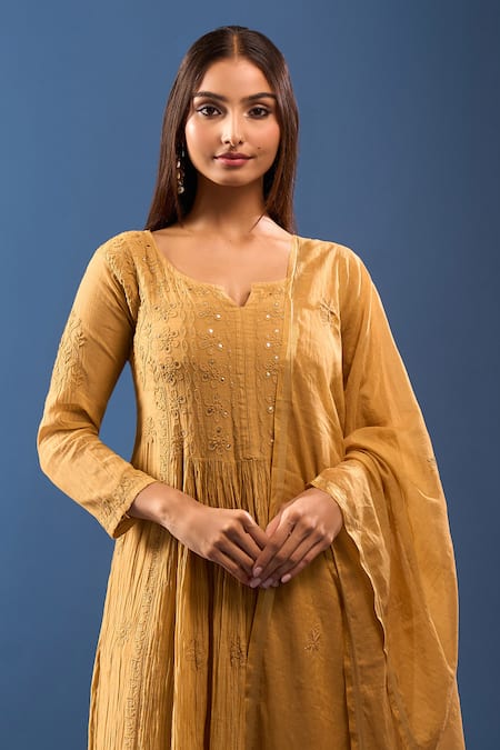 Buy_Samyukta Singhania_Mustard Chanderi Cotton Embroidery, Mirrors Round Neck Kurta Set _Online_at_Aza_Fashions