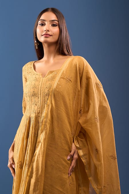 Shop_Samyukta Singhania_Mustard Chanderi Cotton Embroidery, Mirrors Round Neck Kurta Set _Online_at_Aza_Fashions