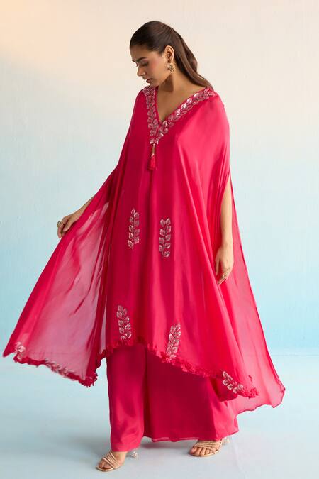 House Of Armuse Pink Rayon Sequins V-neck Orla Hot Kaftan at Aza Fashions House Of Armuse_Pink Rayon Sequins V-neck Orla Hot Kaftan _at_Aza_Fashions