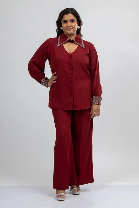 Mamicha Maroon Crepe Embroidery Keyhole Neck Deco Co-ord Set
