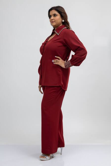 Mamicha_Maroon Crepe Embroidery Keyhole Neck Deco Co-ord Set_Online_at_Aza_Fashions